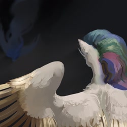 Size: 2160x2160 | Tagged: safe, artist:yanisfucker, character:princess celestia, character:princess luna, species:alicorn, species:pony, back, colored wings, colored wingtips, dark, ear fluff, female, fluffy, flying, mare, missing accessory, shoulder fluff, solo, spread wings, wing fluff, wings