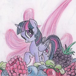 Size: 602x604 | Tagged: safe, artist:pony-paint, part of a set, character:twilight sparkle, character:twilight sparkle (alicorn), species:alicorn, species:pony, blackberry, blueberry, cowberry, female, folded wings, food, looking at you, looking sideways, mare, raised hoof, raspberry (food), smiling, solo, three quarter view, traditional art, wings