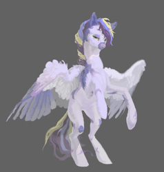 Size: 1900x2000 | Tagged: safe, artist:yanisfucker, oc, oc only, species:pegasus, species:pony, coat markings, gray background, looking at you, multicolored hair, rearing, simple background, solo, spread wings, wings