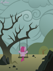 Size: 447x600 | Tagged: safe, artist:pony-paint, character:pinkamena diane pie, character:pinkie pie, species:earth pony, species:pony, back, female, filly, filly pinkie pie, rock farm, show accurate, solo, swing, tree, younger