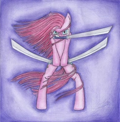 Size: 1024x1037 | Tagged: safe, artist:islamilenaria, character:pinkie pie, species:earth pony, species:pony, bipedal, female, mouth hold, one piece, santoryu, solo, sword, traditional art, weapon, windswept mane
