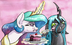Size: 1024x652 | Tagged: safe, artist:the-wizard-of-art, character:princess celestia, character:queen chrysalis, species:alicorn, species:changeling, species:pony, g4, cake, cakelestia, changeling queen, colored pupils, fangs, female, floppy ears, food, fork, frown, glowing horn, licking, licking lips, magic, magic aura, mare, profile, scrunchy face, signature, style emulation, telekinesis, three quarter view, tongue out, traditional art, watercolor painting