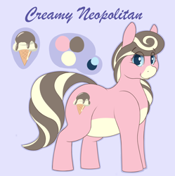 Size: 2640x2649 | Tagged: safe, artist:heftyhorsehostler, oc, oc:creamy neapolitan, chubby, female, ice cream cone, misspelling, reference sheet, smiling, solo