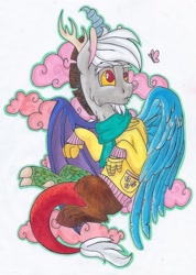 Size: 728x1024 | Tagged: safe, artist:pony-paint, character:discord, species:draconequus, butterfly, clothing, cloud, cotton candy, cotton candy cloud, food, implied fluttershy, male, scarf, solo, sweater, traditional art