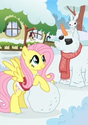 Size: 1532x2160 | Tagged: safe, artist:pony-paint, character:angel bunny, character:fluttershy, species:pegasus, species:pony, christmas, clothing, female, fluttershy's cottage, holiday, mare, scarf, show accurate, snowpony, spread wings, wings, winter