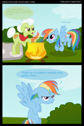 Size: 2170x3240 | Tagged: safe, artist:diegotan, edit, editor:nightshadowmlp, character:granny smith, character:rainbow dash, species:earth pony, species:pony, angry, asterix, brewing, cauldron, comic, crossover, elderly, female, fire, mare, obelix, panoramix, potion, rainbow, spanish, translation