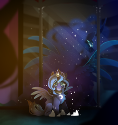 Size: 1908x2012 | Tagged: safe, artist:taiga-blackfield, character:nightmare moon, character:princess luna, species:pony, crying, evil grin, fangs, female, grin, looking at you, looking back, mare, multiple eyes, nightmare luna, reflection, sharp teeth, smiling, solo, teeth, transformation