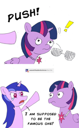 Size: 1000x1600 | Tagged: safe, artist:peichenphilip, character:sea swirl, character:twilight sparkle, character:twilight sparkle (alicorn), species:alicorn, species:pony, species:unicorn, angry, crying, dialogue, duo, exclamation point, female, jealous, jewelry, mare, necklace, pushing, sea swirl the attention horse, simple background, sunglasses, tumblr, twilightlicious, white background