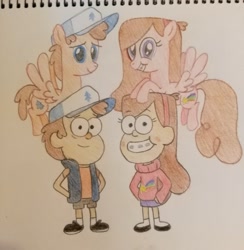 Size: 3120x3191 | Tagged: safe, artist:prinrue, species:pegasus, species:pony, clothing, crossover, dipper pines, gravity falls, hat, headband, mabel pines, pine tree, ponidox, ponified, self ponidox, shooting star, sweater, traditional art, vest