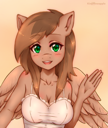 Size: 2879x3407 | Tagged: safe, artist:kindpineapple, oc, oc only, species:anthro, species:pegasus, species:pony, anthro oc, blushing, breasts, brown hair, bust, clothing, female, front view, green eyes, hello, mare, open mouth, simple background, smiling, solo, thin, waving, wings, ych result