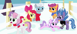 Size: 1600x706 | Tagged: safe, artist:thomaszoey3000, character:apple bloom, character:diamond tiara, character:lilymoon, character:scootaloo, character:silver spoon, character:sweetie belle, species:pegasus, species:pony, clothing, cutie mark crusaders, fence, scarf, snow, tree, winter