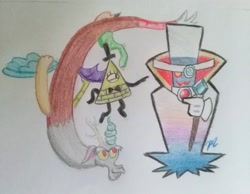 Size: 3120x2417 | Tagged: safe, artist:prinrue, character:discord, bill cipher, clothing, count bleck, crossover, gloves, gravity falls, hat, super paper mario, traditional art
