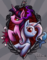 Size: 943x1200 | Tagged: safe, artist:whitestar1802, character:trixie, character:twilight sparkle, dark magic, sombra eyes