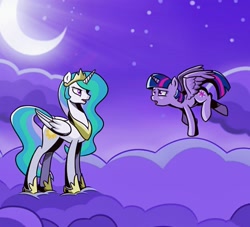 Size: 1313x1192 | Tagged: safe, artist:z-y-c, character:princess celestia, character:twilight sparkle, character:twilight sparkle (alicorn), species:alicorn, species:pony, episode:horse play, g4, my little pony: friendship is magic, cloud, duo, female, mare, night, on a cloud, standing on a cloud