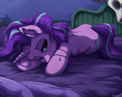 Size: 1280x1024 | Tagged: safe, artist:blackkaries, character:starlight glimmer, species:pony, species:unicorn, episode:the parent map, g4, accessories, bed, blushing, cute, ear piercing, earring, edgelight glimmer, emo, female, frog (hoof), glimmerbetes, goth, jewelry, looking at you, lying down, messy mane, piercing, smiling, solo, starlight's room, teenage glimmer, teenager, underhoof