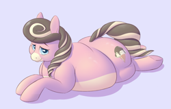 Size: 1483x944 | Tagged: safe, artist:heftyhorsehostler, oc, oc only, oc:creamy neapolitan, species:pony, bbw, belly, big belly, blue background, fat, female, large butt, looking at you, prone, simple background, solo, squishy
