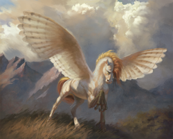 Size: 2000x1596 | Tagged: safe, artist:bra1neater, oc, oc only, oc:silent flight, species:hippogriff, chest fluff, cloud, cloudy, fine art emulation, fluffy, grass, horse, looking at something, male, mountain, mountain range, raised claw, raised hoof, realistic wings, solo, spread wings, talons, wings