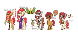 Size: 1024x457 | Tagged: safe, artist:magicandmysterygal, oc, oc only, oc:pip-erment appleseed, oc:sea legs, oc:spice, oc:sugar, oc:twisted seeds, parent:babs seed, parent:pipsqueak, parent:twist, parents:babsqueak, parents:babstwist, species:earth pony, species:pony, beard, blaze (coat marking), blushing, bracelet, choker, clothing, coat, description is relevant, ear piercing, earring, eyebrow piercing, facial hair, female, glasses, jacket, jewelry, magical lesbian spawn, male, mare, necklace, next generation, offspring, piercing, simple background, stallion, story included, tattoo, transparent background, twins, watermark
