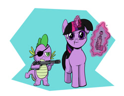 Size: 1100x850 | Tagged: safe, artist:coffeeburger, character:spike, character:twilight sparkle, species:dragon, species:pony, species:unicorn, black mane, close rick-counters of the rick kind, evil morty, evil rick, evil spike, evil twilight, eyepatch, laser gun, magic, parody, ray gun, rick and morty, scar, telekinesis, this will end in death, tranquilizer