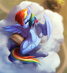 Size: 1024x1113 | Tagged: safe, artist:csox, character:rainbow dash, species:pegasus, species:pony, belly, book, chest fluff, cloud, cute, dashabetes, ear fluff, eyes closed, female, mare, on back, sleeping, smiling, solo