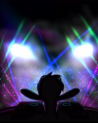 Size: 4961x6200 | Tagged: safe, artist:theravencriss, character:dj pon-3, character:vinyl scratch, species:pony, species:unicorn, absurd resolution, backlighting, crowd, female, lights, rear view, silhouette, solo, solo focus, turntable