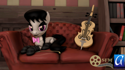 Size: 1920x1080 | Tagged: safe, artist:dracagon, character:octavia melody, species:earth pony, species:pony, 3d, black socks, book, bookshelf, bow (instrument), cello, cello bow, clothing, couch, eyeshadow, female, goth, makeup, mare, musical instrument, prone, socks, solo, striped socks