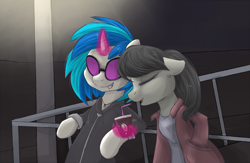 Size: 1428x932 | Tagged: safe, artist:haruhi-il, character:dj pon-3, character:octavia melody, character:vinyl scratch, species:earth pony, species:pony, species:unicorn, ship:scratchtavia, clothing, drink, female, floppy ears, glowing horn, lamppost, lesbian, magic, mare, shipping, smiling, sunglasses