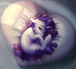 Size: 1024x927 | Tagged: safe, artist:csox, character:rarity, species:pony, species:unicorn, curled up, cute, female, heart, mare, one eye closed, pillow, rariball, raribetes, smiling, solo
