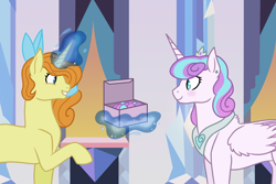 Size: 1024x683 | Tagged: safe, artist:quincydragon, character:princess flurry heart, character:pumpkin cake, species:alicorn, species:pony, species:unicorn, ship:pumpkinheart, box, crystal castle, female, jewelry, lesbian, levitation, magic, mare, necklace, older, older flurry heart, older pumpkin cake, shipping, telekinesis