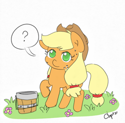 Size: 1600x1574 | Tagged: safe, artist:c0pter, character:applejack, species:earth pony, species:pony, clothing, confused, cute, dialogue, flower, freckles, grass, hat, looking at you, question mark, simple background, sweat, white background