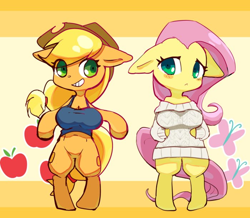 Size: 700x609 | Tagged: safe, artist:youhoujou, character:applejack, character:fluttershy, species:anthro, species:earth pony, species:pegasus, species:pony, breasts, busty applejack, busty fluttershy, chestbreasts, clothing, duo, female, mare, sweater