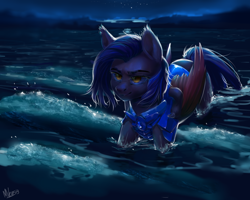 Size: 1280x1024 | Tagged: safe, artist:vensual99, rcf community, oc, oc only, oc:dawn sentry, species:bat pony, species:pony, bat wings, female, mare, night, solo, standing in water, water, wet, wet mane, wings