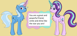 Size: 3300x1528 | Tagged: safe, artist:rosefang16, character:starlight glimmer, character:trixie, species:pony, species:unicorn, ship:startrix, chest fluff, cute, duo, female, glowing horn, heartwarming, lesbian, mare, positive message, positive ponies, shipping, sign, simple background, tan background