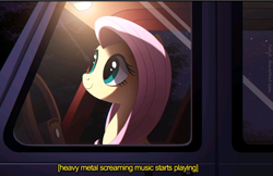 Size: 810x524 | Tagged: safe, artist:ruhje, edit, character:fluttershy, species:pony, cropped, descriptive noise, female, heavy metal, mare, meme, metal, monsters university, reference, smiling, solo