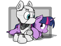 Size: 1700x1300 | Tagged: safe, artist:alexi148, character:twilight sparkle, oc, species:pony, looking at each other, prone, robot, robot pony, simple background, transparent background