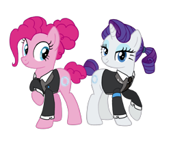 Size: 2160x1779 | Tagged: safe, artist:flipwix, part of a set, character:pinkie pie, character:rarity, species:earth pony, species:pony, species:unicorn, alternate cutie mark, alternate hairstyle, alternate universe, android, clothing, connor, crossover, detroit: become human, duo, eyes on the prize, female, jacket, lidded eyes, looking at you, mare, necktie, ponytail, raised hoof, rk800, robot, simple background, smiling, tail bun, transparent background, vector
