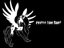 Size: 2400x1800 | Tagged: safe, artist:ppdraw, character:princess celestia, species:alicorn, species:pony, black and white, female, flying, grayscale, jewelry, mare, monochrome, praise the sun, regalia, silhouette, solo, wallpaper