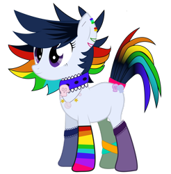 Size: 1024x1039 | Tagged: safe, artist:drarkusss0, oc, oc only, oc:pop candy (ice1517), parent:inky rose, parent:moonlight raven, parents:inkyraven, species:earth pony, species:pony, icey-verse, anklet, choker, christmas, christmas stocking, clothing, commission, ear piercing, earring, female, holiday, jewelry, magical lesbian spawn, mare, mismatched socks, necklace, next generation, offspring, piercing, rainbow hair, rainbow socks, simple background, socks, solo, striped socks, transparent background, vector