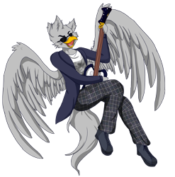 Size: 4981x5041 | Tagged: safe, artist:mscolorsplash, oc, oc:silver streak, species:anthro, species:griffon, absurd resolution, clothing, commission, commissioner:alkonium, cosplay, costume, doctor who, guitar, simple background, solo, sunglasses, transparent background, twelfth doctor