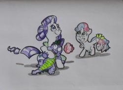 Size: 1213x894 | Tagged: safe, artist:hillbe, character:rarity, character:spike, character:sweetie belle, ship:sparity, female, ice pack, male, shipping, straight, tickets, traditional art