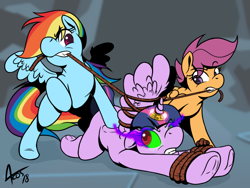 Size: 1024x768 | Tagged: safe, artist:cynos-zilla, character:rainbow dash, character:scootaloo, character:twilight sparkle, character:twilight sparkle (alicorn), species:alicorn, species:pegasus, species:pony, bondage, bound wings, captured, corrupted, corrupted twilight sparkle, evil twilight, horn ring, magic suppression, missing cutie mark, mouth hold, prisoner ts, restrained, ropes, sombra eyes, tied up
