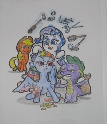 Size: 516x598 | Tagged: safe, artist:hillbe, character:applejack, character:rainbow dash, character:rarity, character:spike, ship:sparity, bag of bits, female, hair curlers, makeover, makeup, male, mane cut, rainbow dash is not amused, shipping, straight, traditional art, unamused