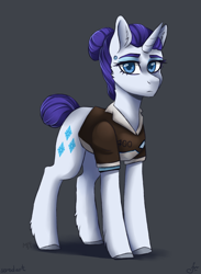 Size: 1100x1500 | Tagged: safe, artist:haruhi-il, artist:serodart, character:rarity, species:pony, species:unicorn, alternate hairstyle, android, clothing, collaboration, detroit: become human, ear fluff, female, gray background, hair bun, leg fluff, mare, short hair, short tail, simple background, solo, unshorn fetlocks