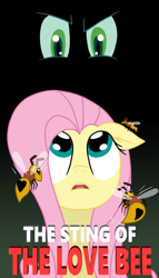 Size: 800x1400 | Tagged: safe, artist:bsting, character:fluttershy, character:queen chrysalis, species:pegasus, species:pony, bee, explicit source, fanfic, fanfic art, fanfic cover, looking up, love bee, stinger
