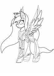 Size: 2079x2953 | Tagged: safe, artist:acespade777, oc, oc only, oc:blackjack, species:alicorn, species:pony, fallout equestria, fallout equestria: project horizons, alicorn oc, armor, cyborg, fallout, fanfic art, lineart, monochrome, solo
