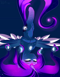 Size: 2975x3850 | Tagged: safe, artist:a8f12, character:princess luna, species:alicorn, species:pony, cheek fluff, chest fluff, constellation, cute, ethereal mane, female, galaxy mane, i can't believe it's not magnaluna, leg fluff, lunabetes, lunar phases, mare, solo, two toned wings, upside down, wings