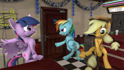 Size: 3840x2160 | Tagged: safe, artist:charlydasher, character:applejack, character:rainbow dash, character:twilight sparkle, character:twilight sparkle (alicorn), species:alicorn, species:pony, 3d, angry, bathroom, cafe, covering crotch, desperation, female, gritted teeth, mare, need to pee, omorashi, potty dance, potty emergency, potty time, source filmmaker, tongue out, trotting in place