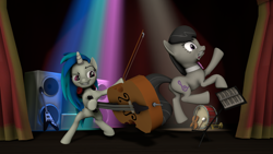Size: 3840x2160 | Tagged: safe, artist:charlydasher, character:dj pon-3, character:octavia melody, character:vinyl scratch, species:earth pony, species:pony, species:unicorn, ship:scratchtavia, 3d, bow, bow (instrument), bow tie, cello, cello bow, competition, easel, electric guitar, eyes on the prize, female, gritted teeth, guitar, lesbian, literal butthurt, mare, musical instrument, not amused face, octavia is not amused, pain, parody, plot, rear, shipping, smack, smack dat ass, source filmmaker, spotlight, stage, surprised, this is going to hurt, this will end in pain, unamused