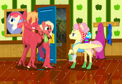 Size: 4659x3224 | Tagged: safe, artist:kaleysia, colorist:zoness, edit, character:big mcintosh, character:fluttershy, oc, oc:cellini, parent:big macintosh, parent:fluttershy, parents:fluttermac, species:pegasus, species:pony, ship:fluttermac, apron, bucket, clothing, color edit, colored, family, female, filly, freckles, grin, hair up, handkerchief, high res, hoof glove, male, mare, mud, muddy, nervous, nervous grin, offspring, ponies riding ponies, rain, raised hoof, rubber gloves, shipping, smiling, stallion, story included, straight, sweat, sweatdrop, unamused, unshorn fetlocks, wet, wet mane