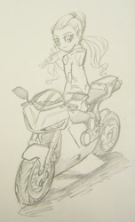 Size: 528x871 | Tagged: safe, artist:dadss_rootbeer, character:sugarcoat, equestria girls:friendship games, g4, my little pony: equestria girls, my little pony:equestria girls, female, grayscale, looking at you, monochrome, motorcycle, solo, traditional art